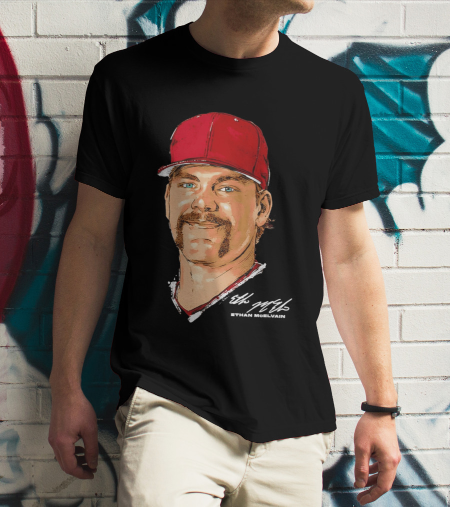 Ethan McElvain Arkansas Razorbacks Baseball Player Portrait In Red Cap T-Shirt