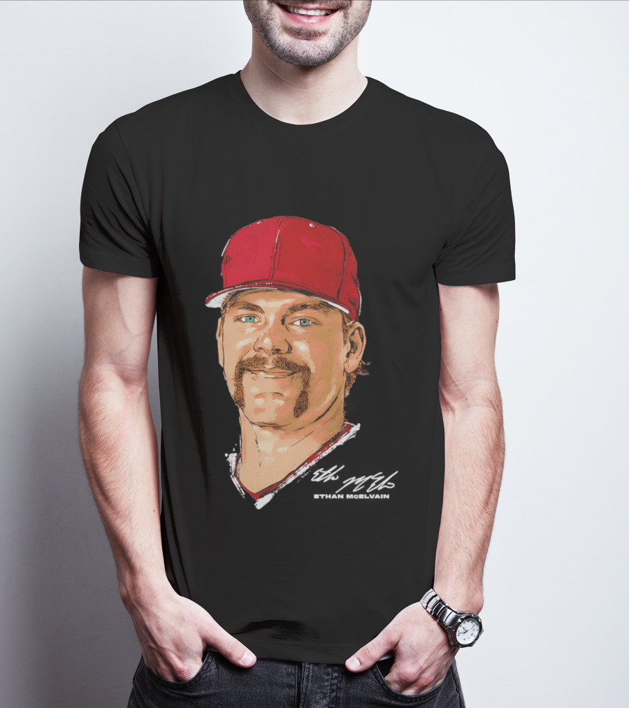 Ethan McElvain Arkansas Razorbacks Baseball Player Portrait In Red Cap T-Shirt