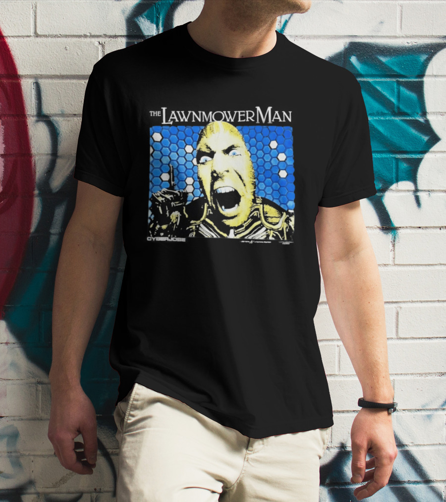 The Lawnmower Man Futuristic Cybernetic Face Against Blue Hexagon T-Shirt