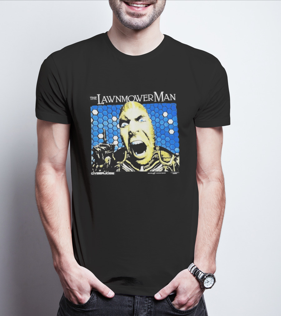 The Lawnmower Man Futuristic Cybernetic Face Against Blue Hexagon T-Shirt