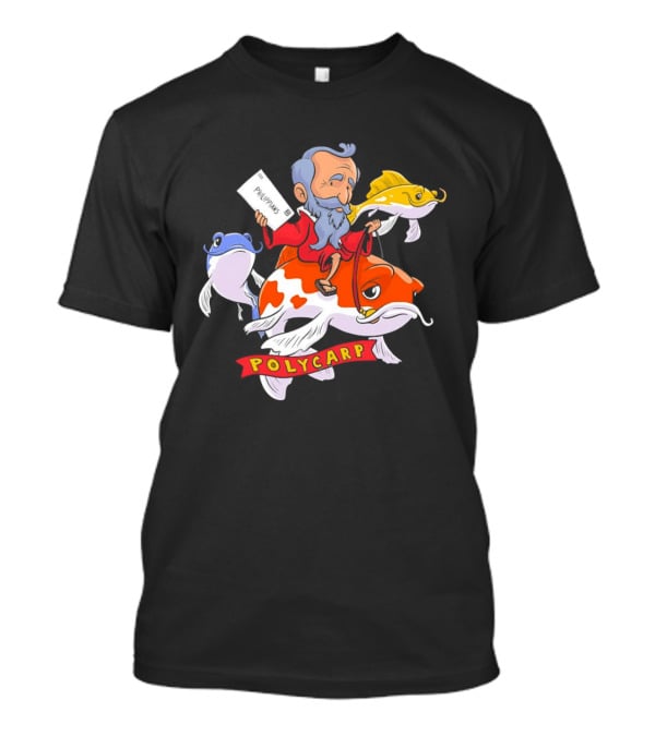 Polycarp Philippians Cartoon Elder Riding Giant Koi Fish With Scroll And Whimsical Sea Creatures T-Shirt