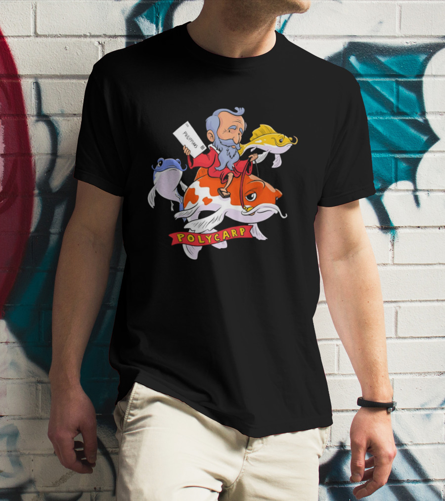 Polycarp Philippians Cartoon Elder Riding Giant Koi Fish With Scroll And Whimsical Sea Creatures T-Shirt