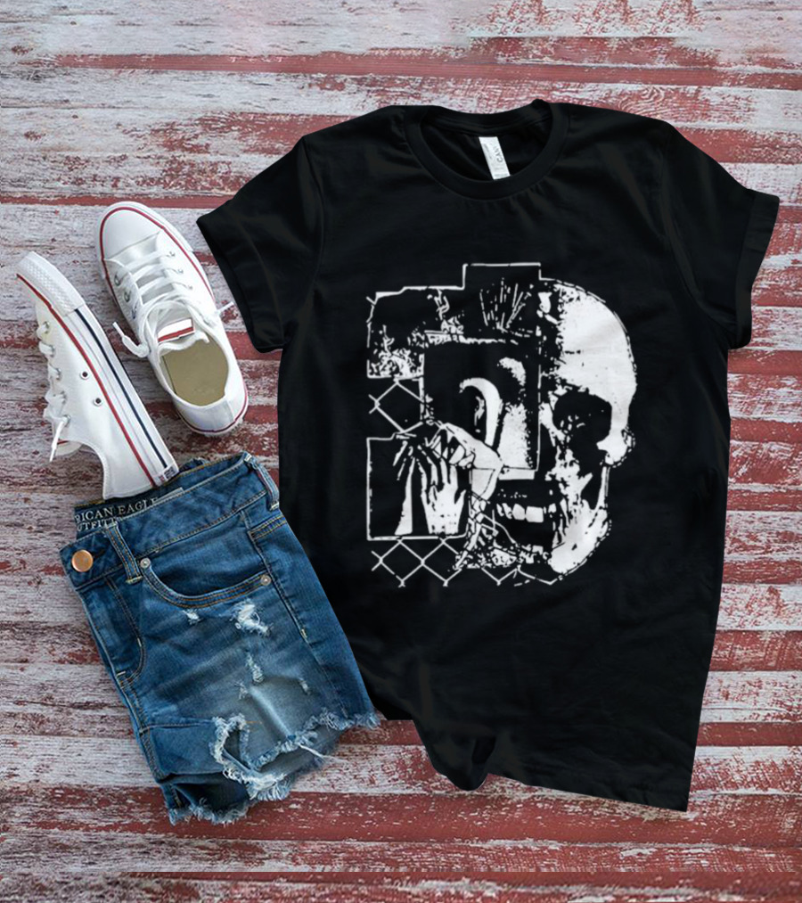 Harms Way Chain Link Skull 2026 Distorted Surreal White Design With Fence T-Shirt