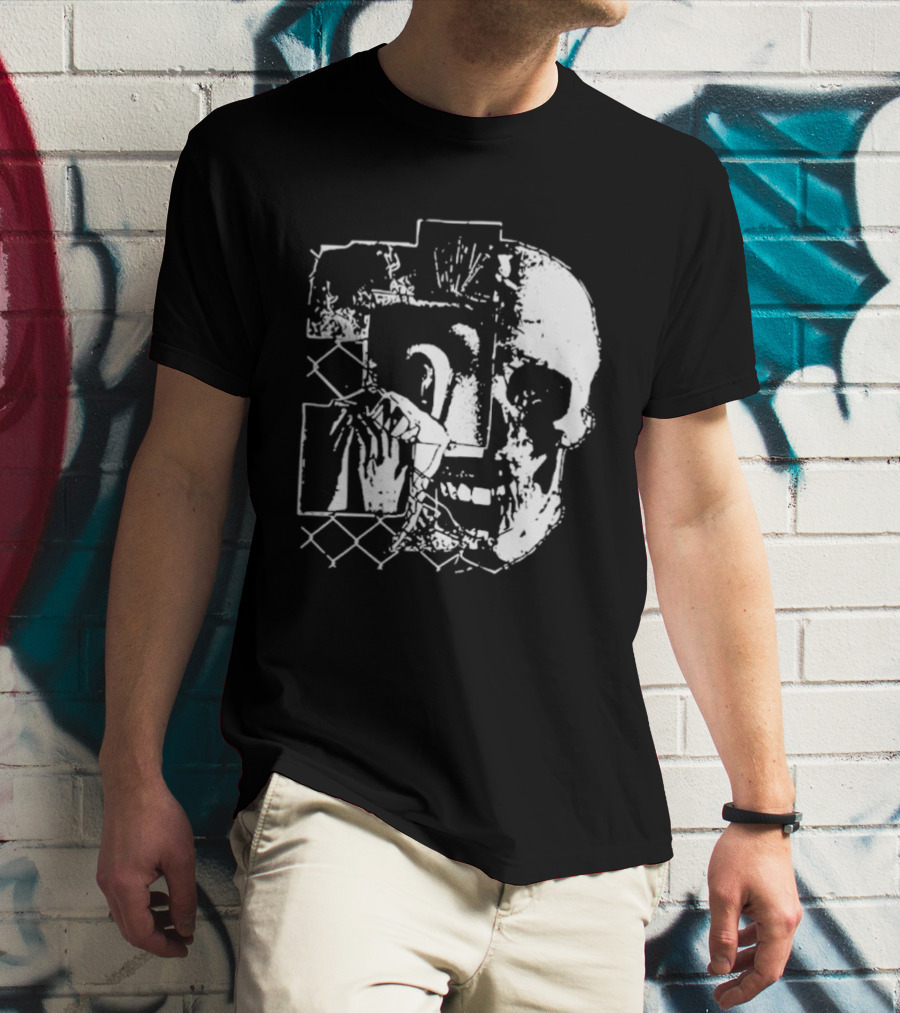 Harms Way Chain Link Skull 2026 Distorted Surreal White Design With Fence T-Shirt