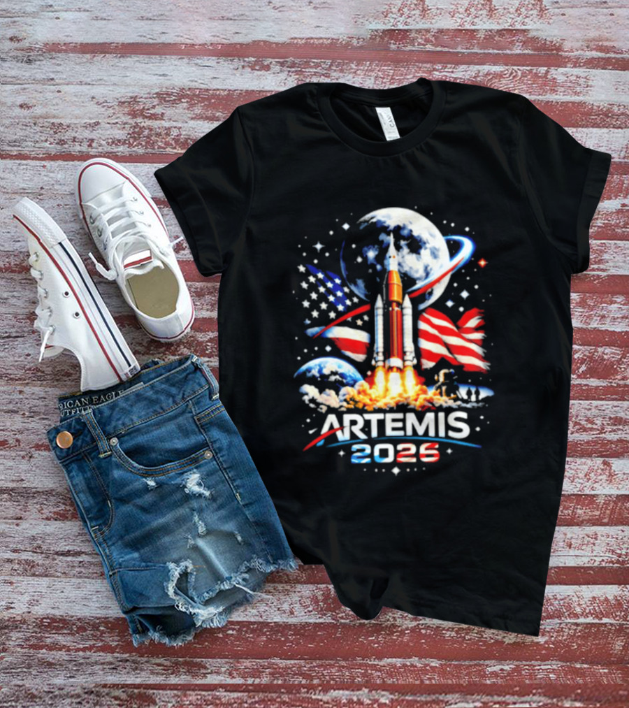 Artemis 2025 Rocket Launch USA Flag Moon Exploration T-Shirt