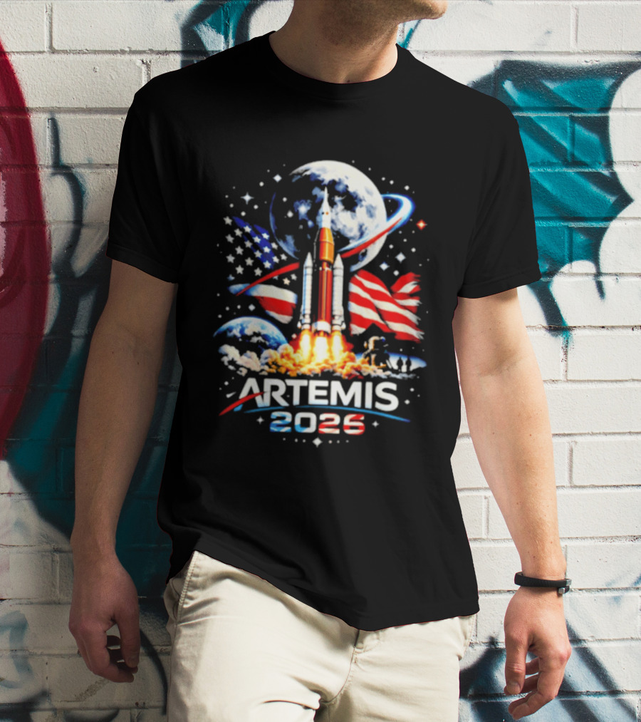 Artemis 2025 Rocket Launch USA Flag Moon Exploration T-Shirt