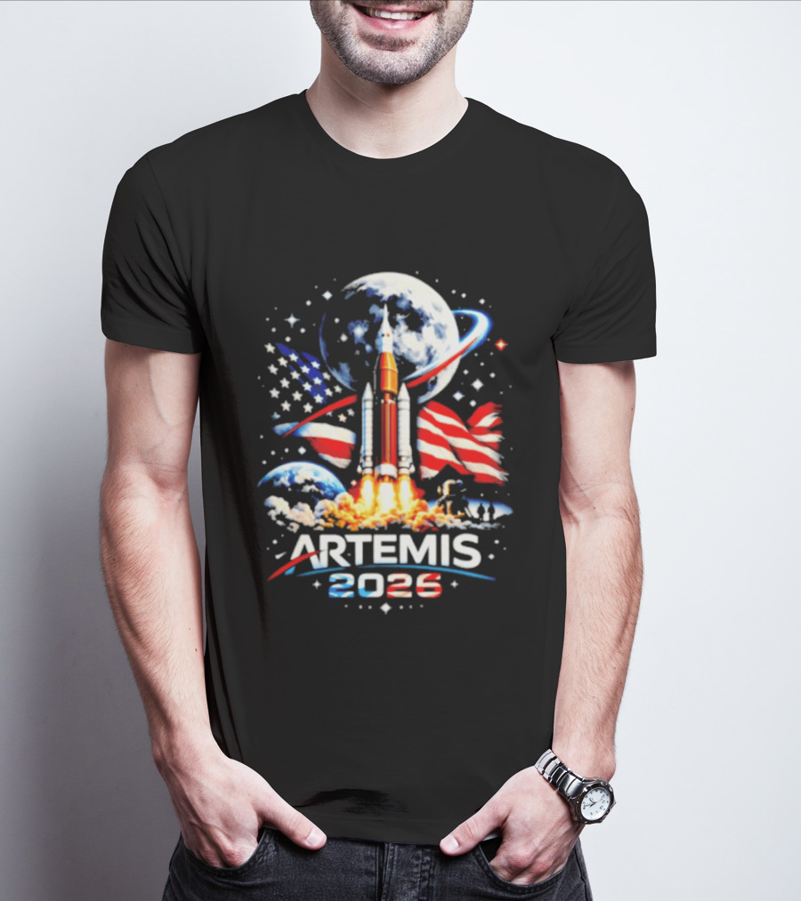 Artemis 2025 Rocket Launch USA Flag Moon Exploration T-Shirt