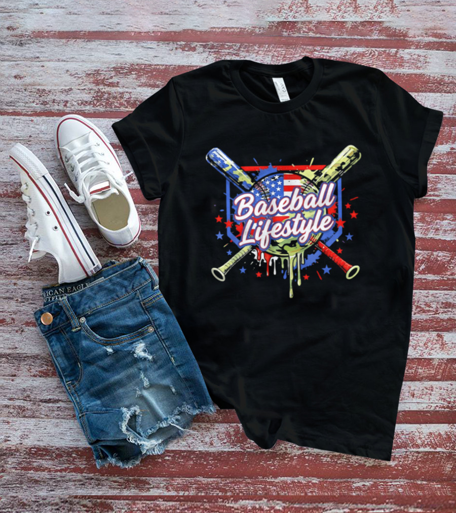 Baseball Lifestyle Camo American Flag Bats Stars Paint Splatter T-Shirt
