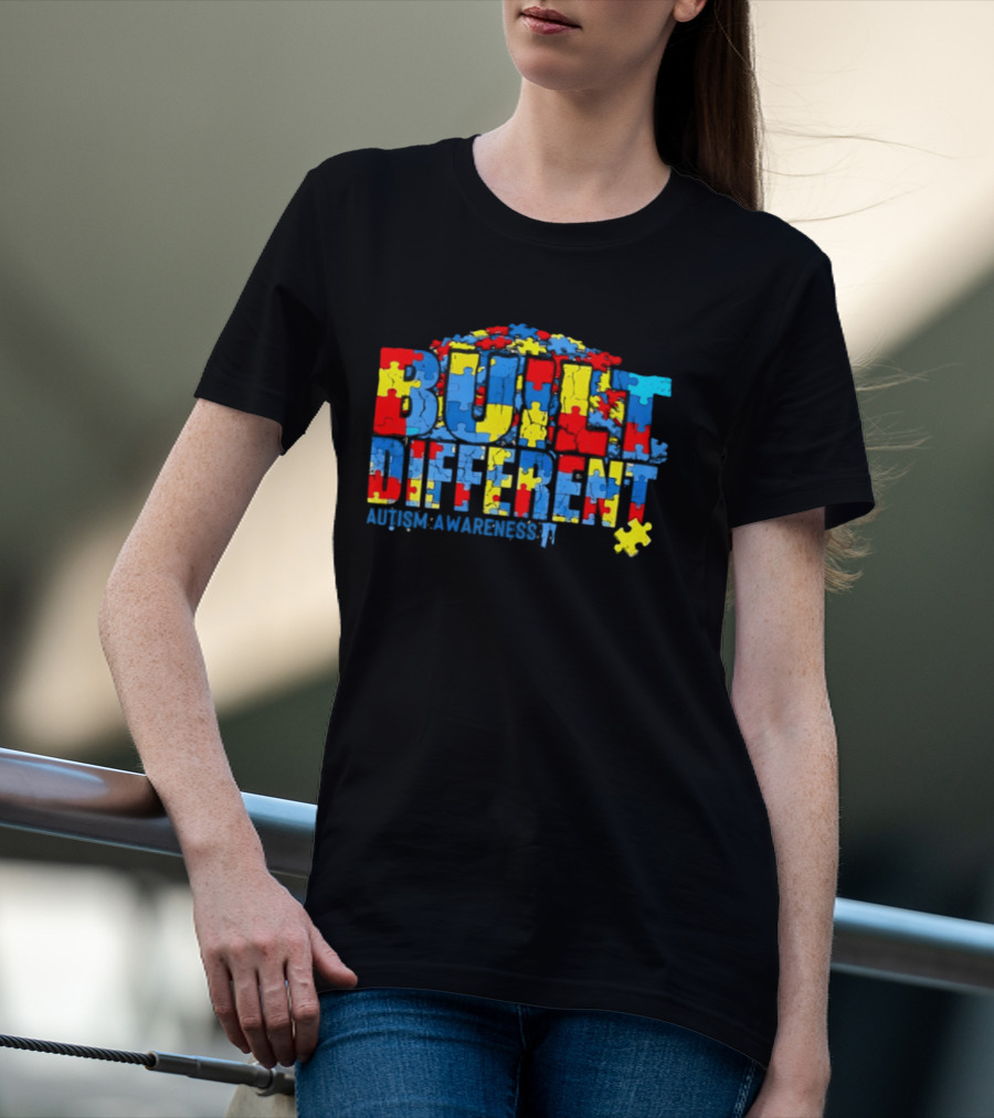Built Different Autism Awareness Puzzle Piece Multicolor T-Shirt