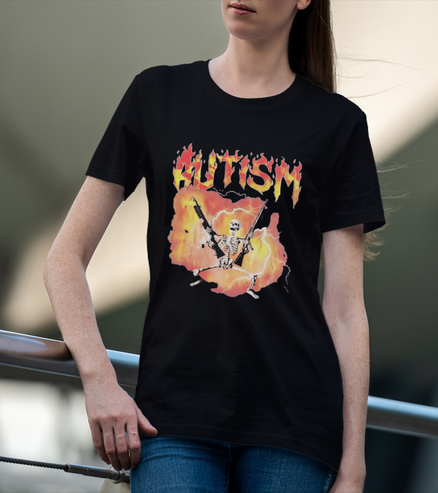 Autism Flaming Skeleton Meme Guns Edgy Fire T-Shirt