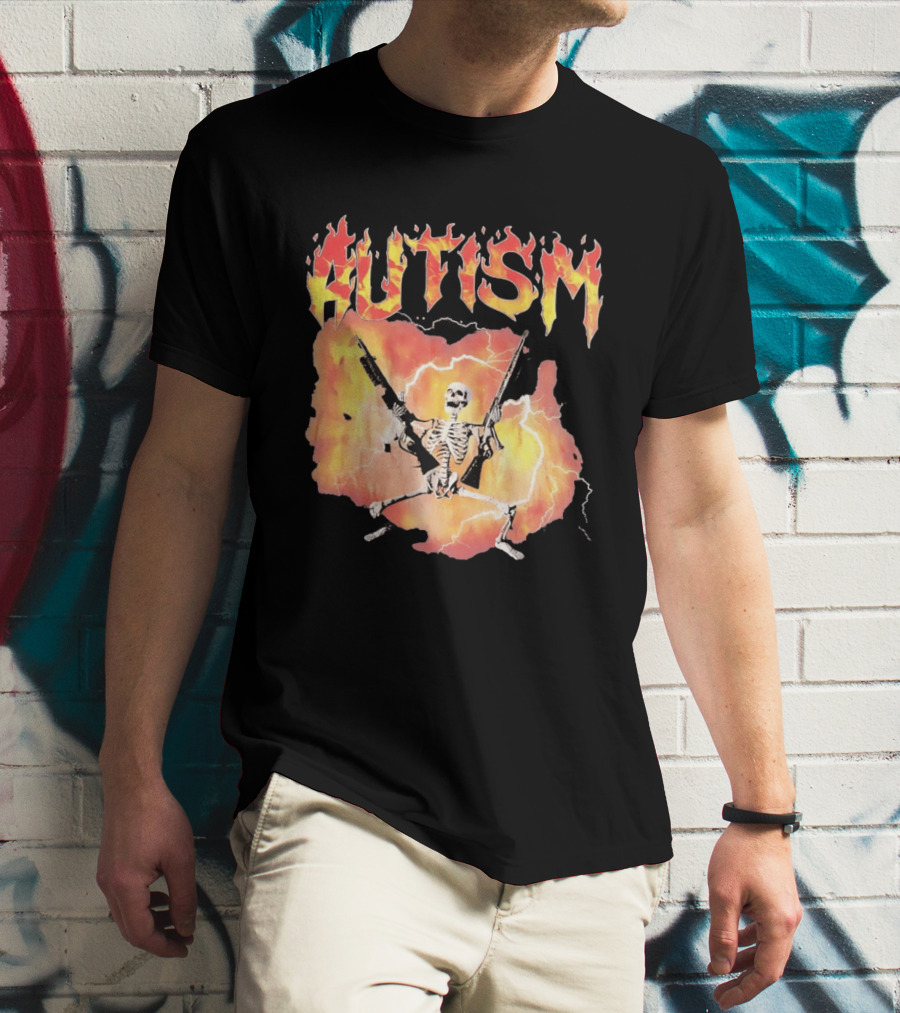 Autism Flaming Skeleton Meme Guns Edgy Fire T-Shirt
