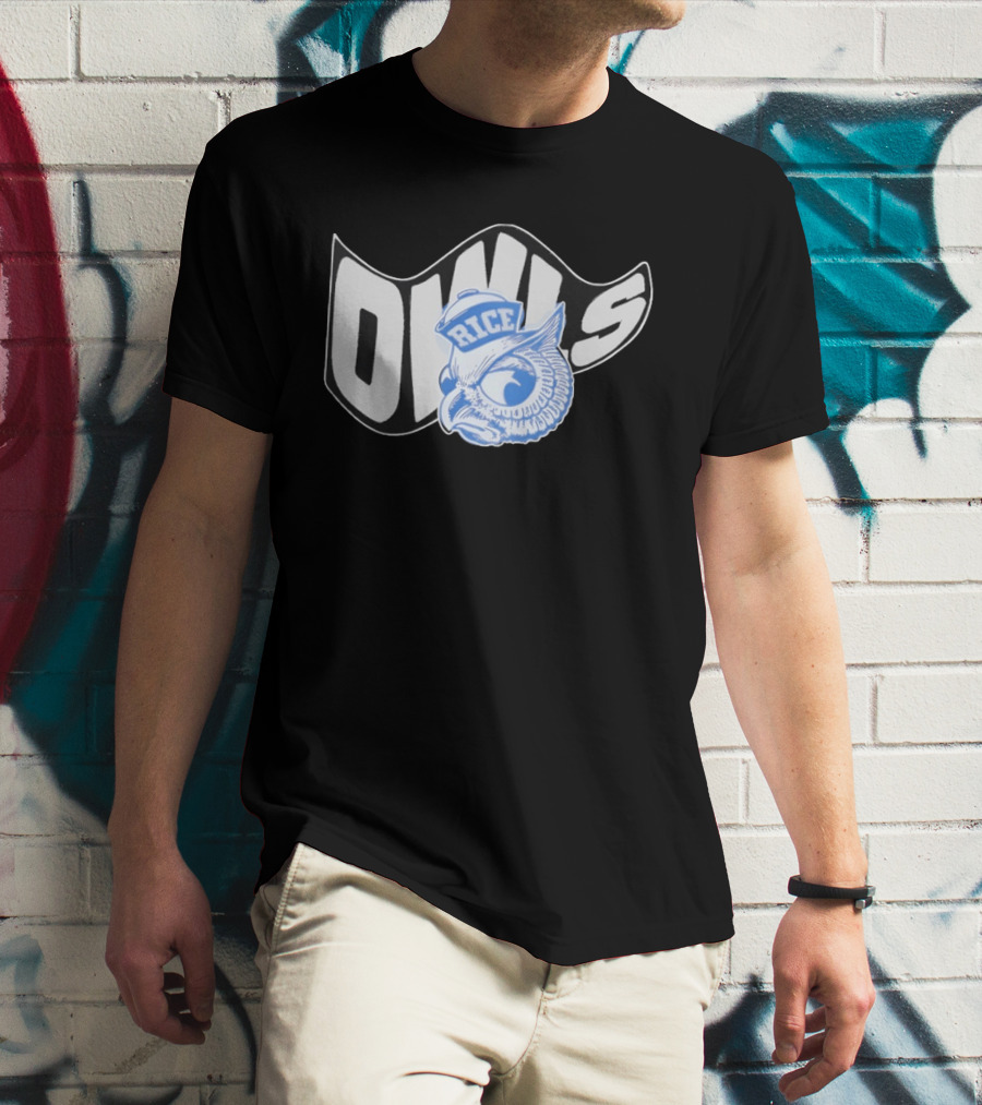 Rice Owls Waving Flag Bold Script With Blue Owl T-Shirt
