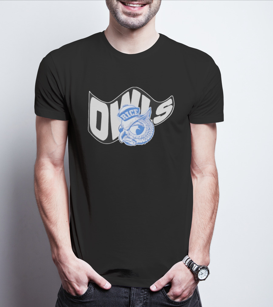 Rice Owls Waving Flag Bold Script With Blue Owl T-Shirt