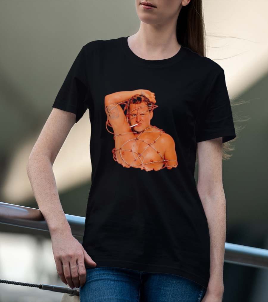 Sandman Barbed Wire Screenprinted Wrapping Wrestler With Cigarette T-Shirt