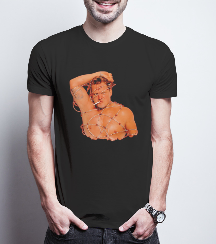 Sandman Barbed Wire Screenprinted Wrapping Wrestler With Cigarette T-Shirt