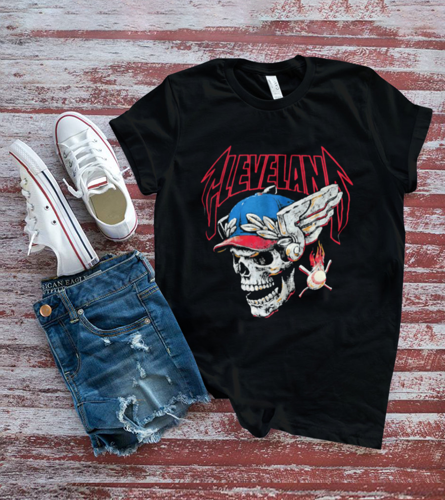 Cleveland Skull Flames Winged Helmet Baseball Bat And Ball T-Shirt