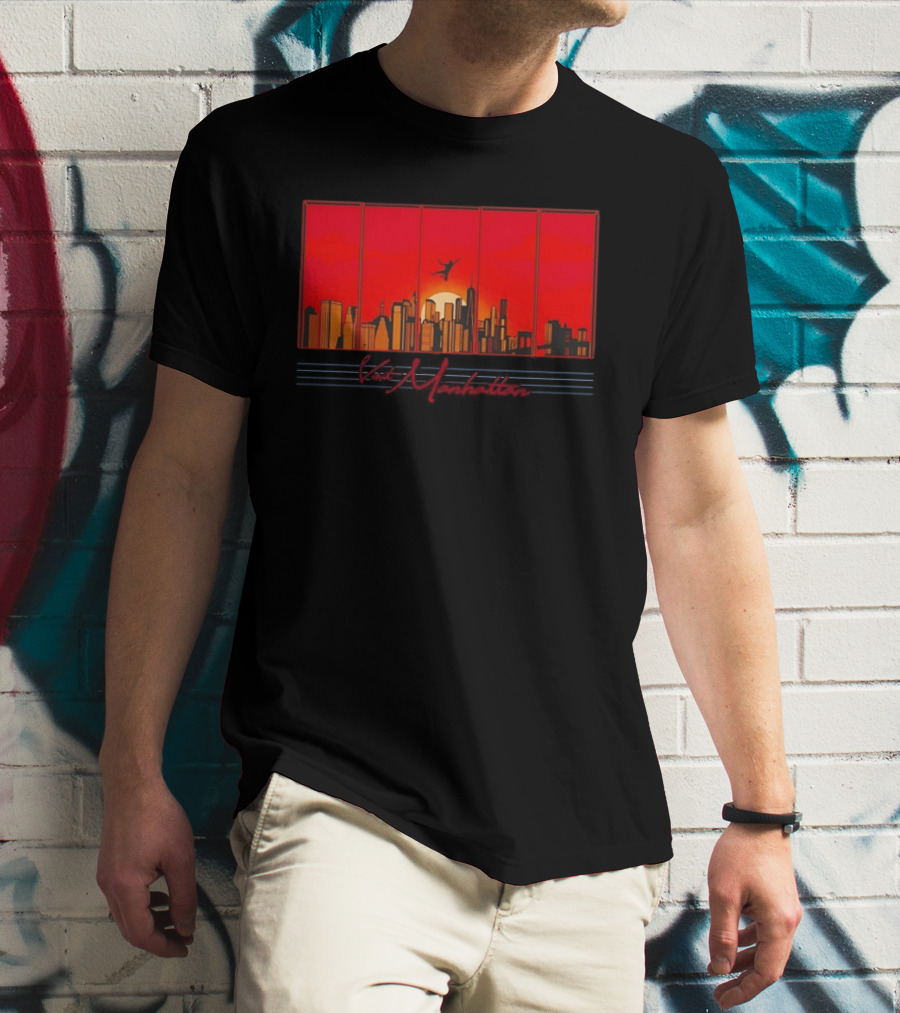 Visit Manhattan Skyline Sunlit Silhouette Red Sunset T-Shirt