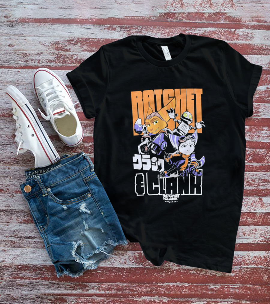 Ratchet And Clank Characters Orange And White Illustration With Japanese T-Shirt