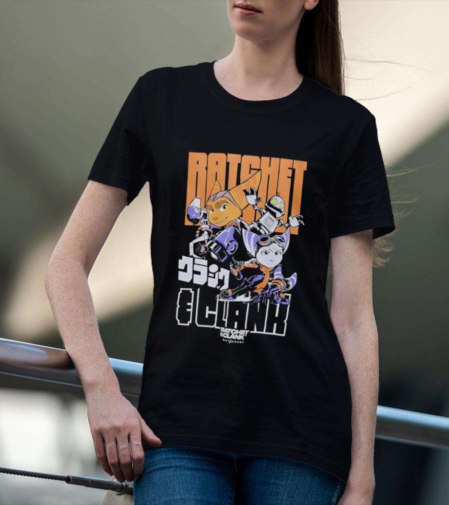 Ratchet And Clank Characters Orange And White Illustration With Japanese T-Shirt