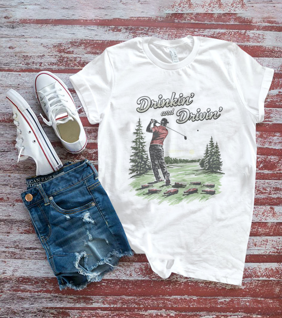 Drinkin' And Drivin' Man Playing Golf With Sunset And Trees T-Shirt