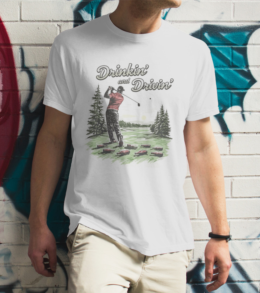 Drinkin' And Drivin' Man Playing Golf With Sunset And Trees T-Shirt