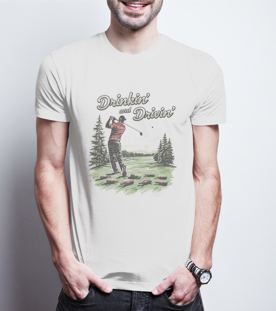 Drinkin' And Drivin' Man Playing Golf With Sunset And Trees T-Shirt