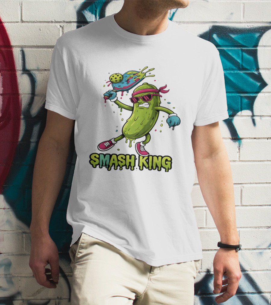 Smash King Pickleball Pickle Character With Paddle And Ball T-Shirt