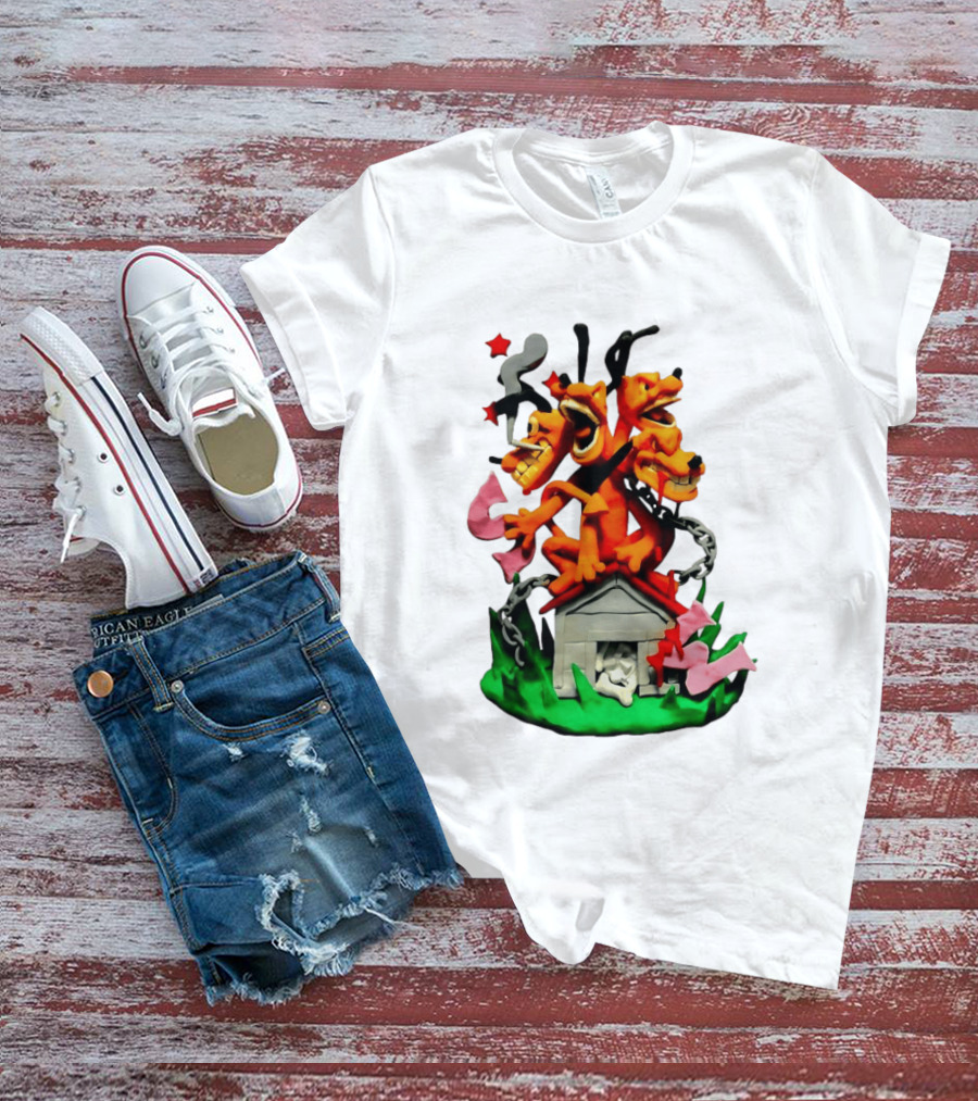 Three Head Monster Dog Cerberus Cartoon Chain House Statue T-Shirt