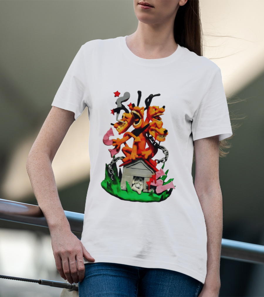 Three Head Monster Dog Cerberus Cartoon Chain House Statue T-Shirt