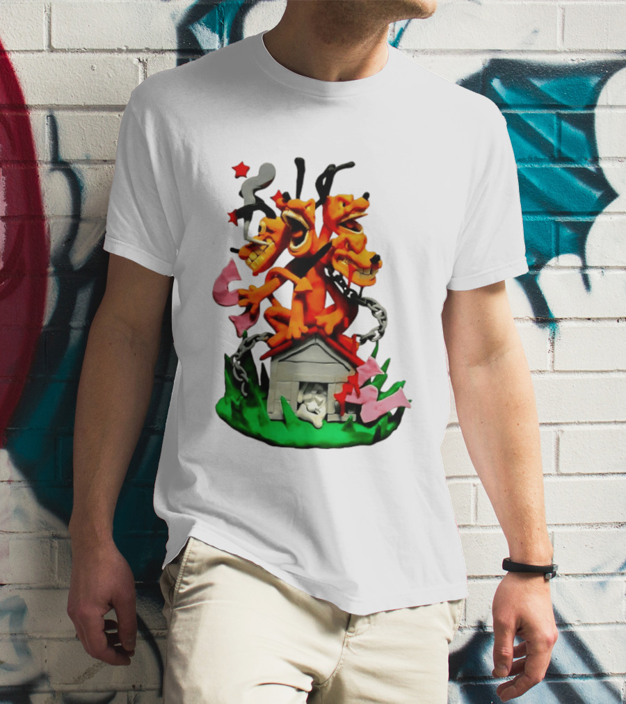 Three Head Monster Dog Cerberus Cartoon Chain House Statue T-Shirt