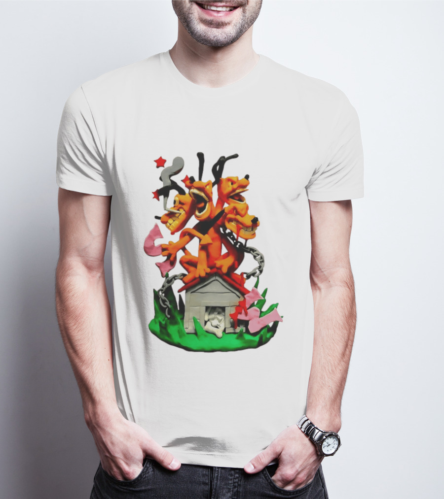 Three Head Monster Dog Cerberus Cartoon Chain House Statue T-Shirt