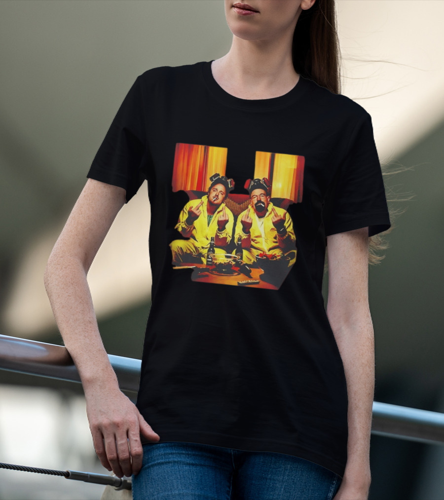 Jesse Pinkman Walter White Breaking Bad Flipping The Bird Yellow Hazmat Suits T-Shirt