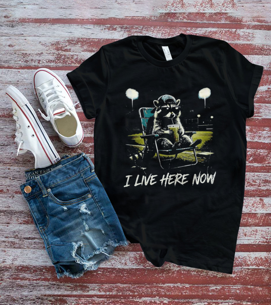 Raccoon I Live Here Now Baseball Ballfield Stadium Lights Sports T-Shirt