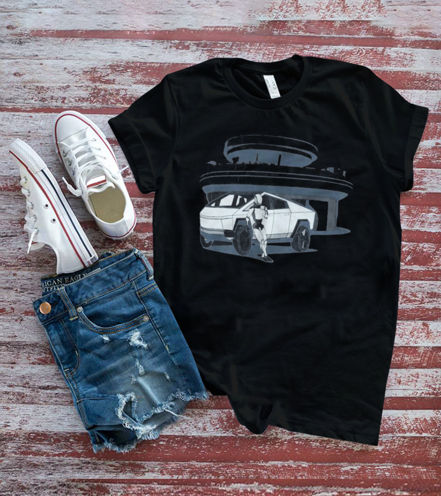 Tesla Cybertruck And Robot At Space Age Coffee Counter T-Shirt