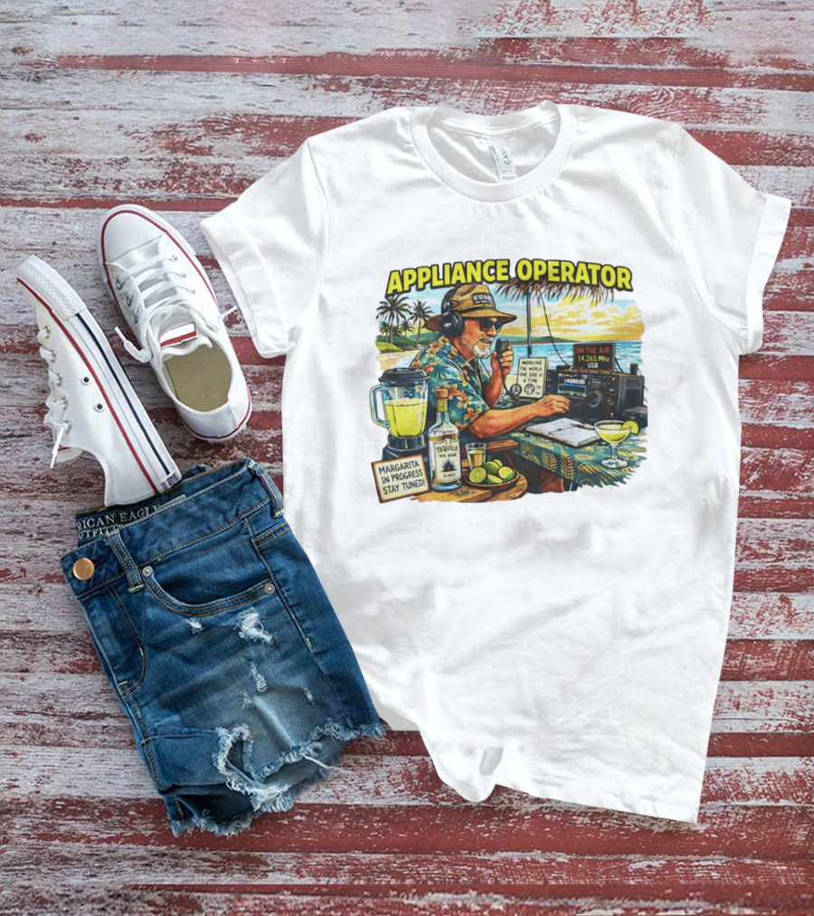 Appliance Operator Radio Margarita In Progress Stay Tuned Beach Tropical Scene T-Shirt