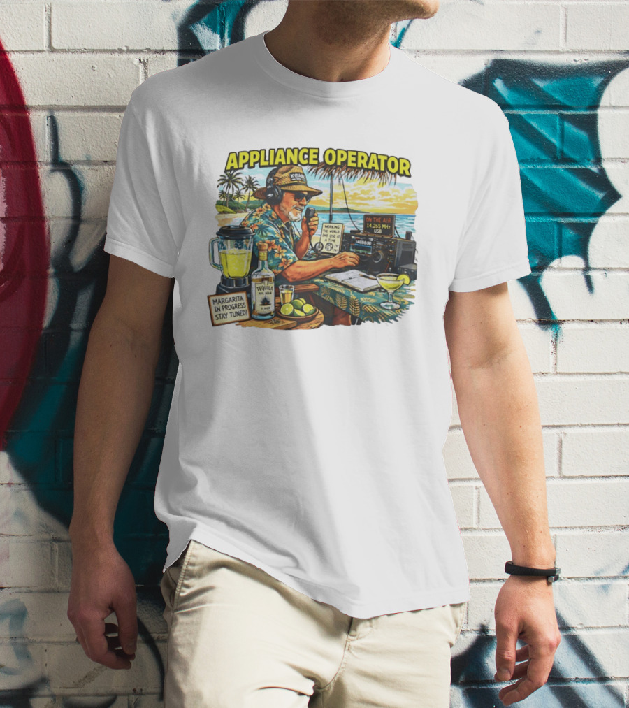 Appliance Operator Radio Margarita In Progress Stay Tuned Beach Tropical Scene T-Shirt