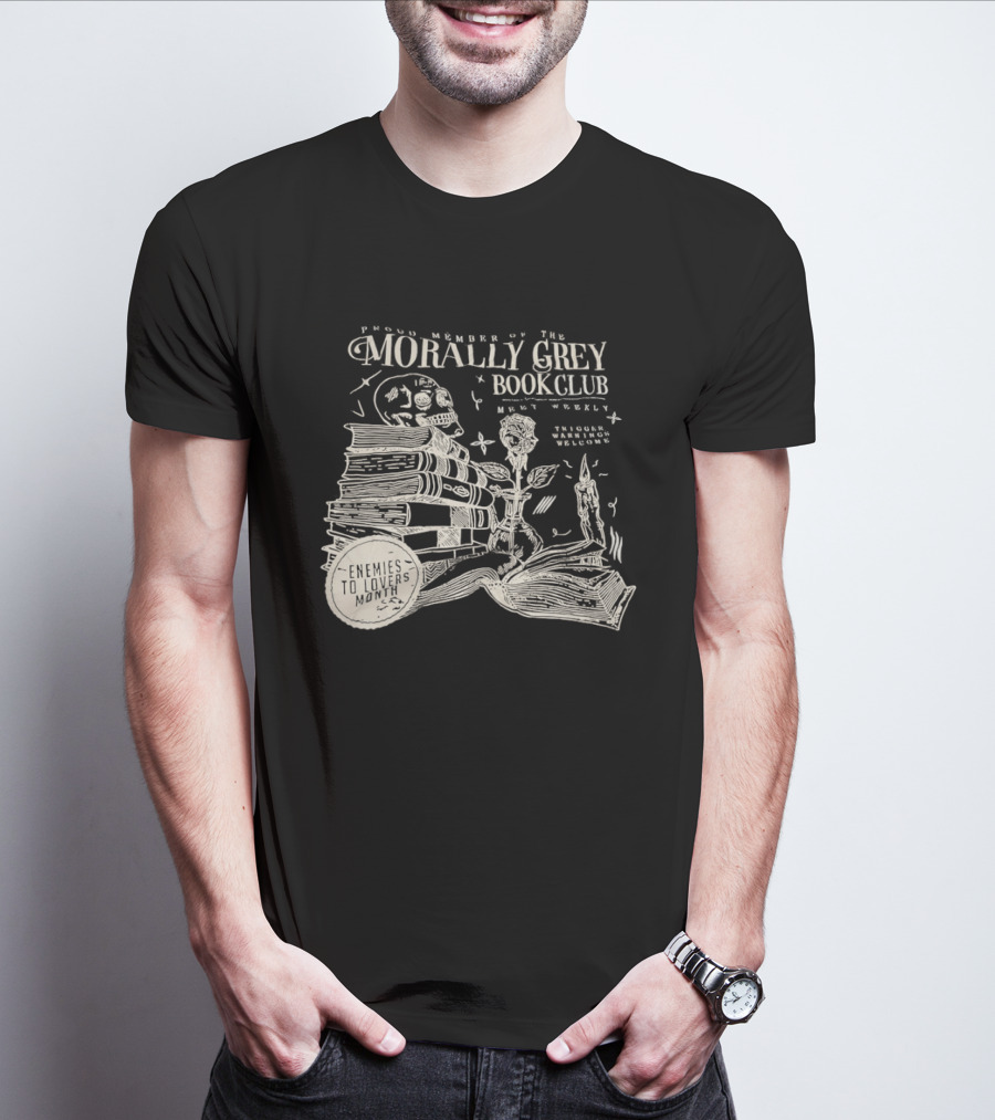 Morally Grey Book Club Skull Candle Rose Stacked Books Open Pages Stars T-Shirt
