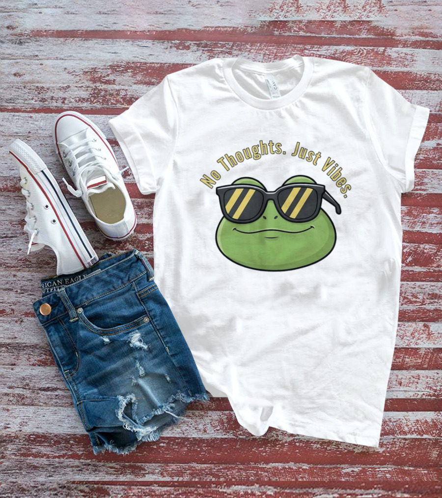 Frog No Thoughts Just Vibes Sunglasses Relaxed Mood T-Shirt