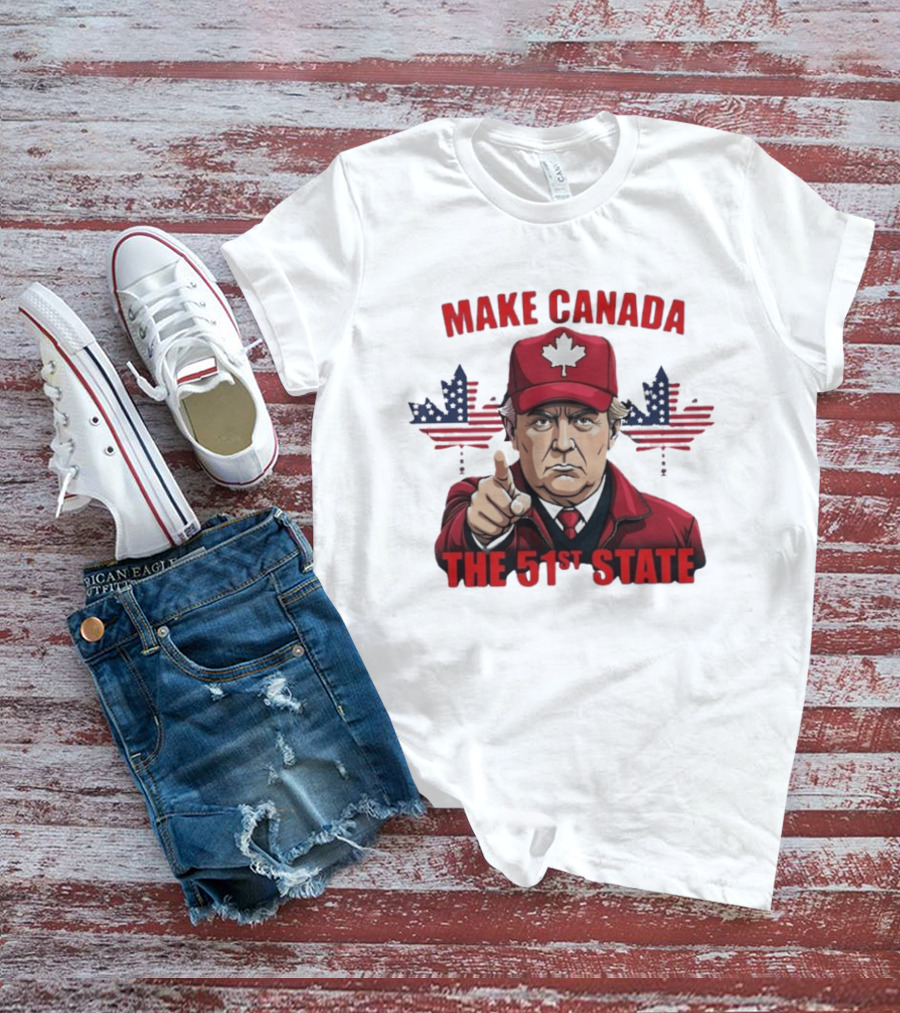 Make Canada The 51st State Trump Red Cap Maple Leaf Stars Stripes T-Shirt