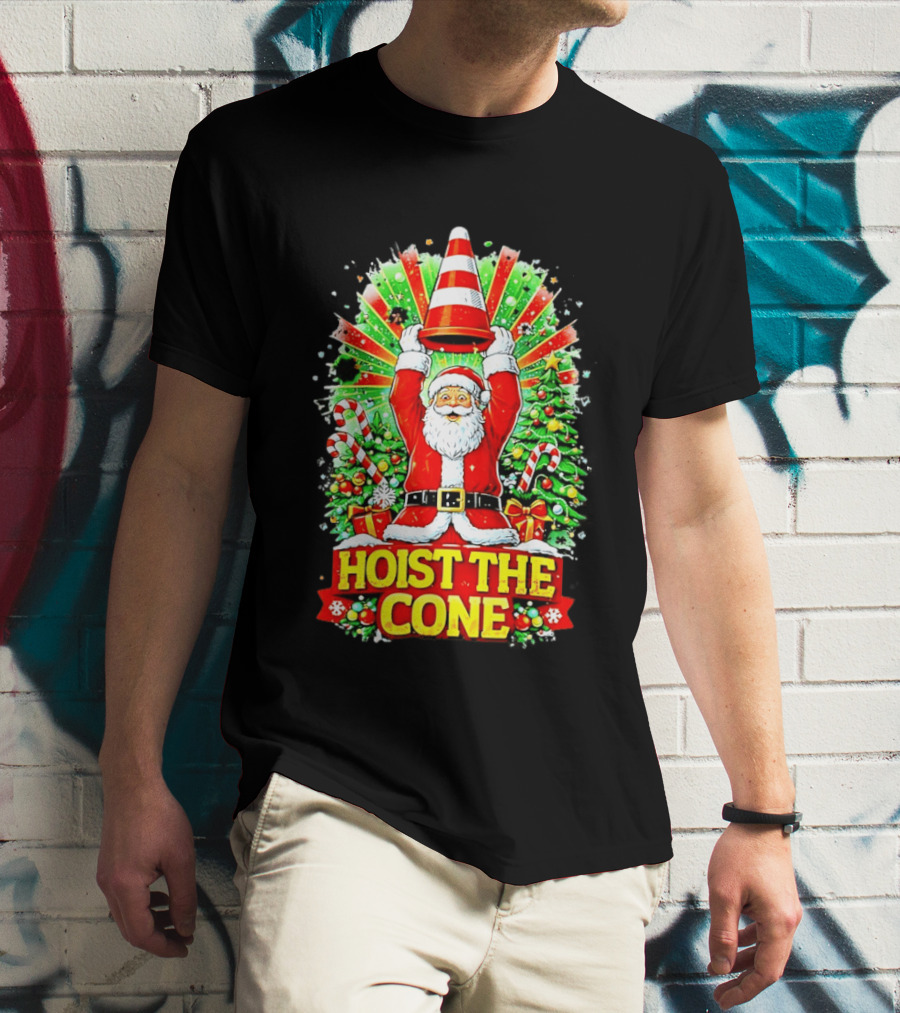 Santa Hoist The Cone Christmas Lights Tree Candy Canes T-Shirt