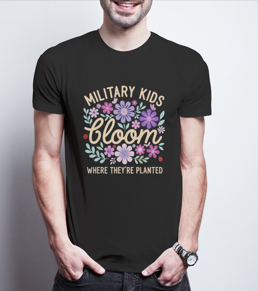 Military Kids Bloom Where They're Planted Purple Floral Dandelion T-Shirt