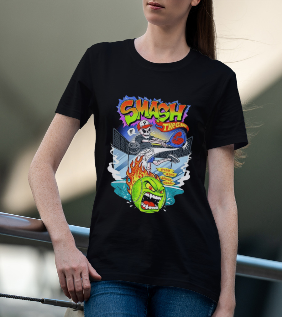 Smash The Game Play Hard Smash Harder Skeleton Playing Pickleball With Fiery Ball And Court T-Shirt