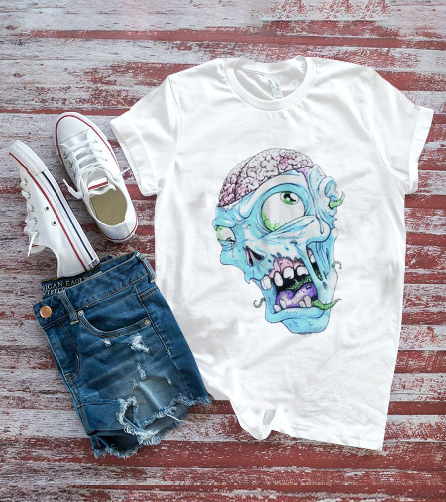 Annoyed Monster Head Zombie Skull Illustration With Exposed Brain And Worms T-Shirt