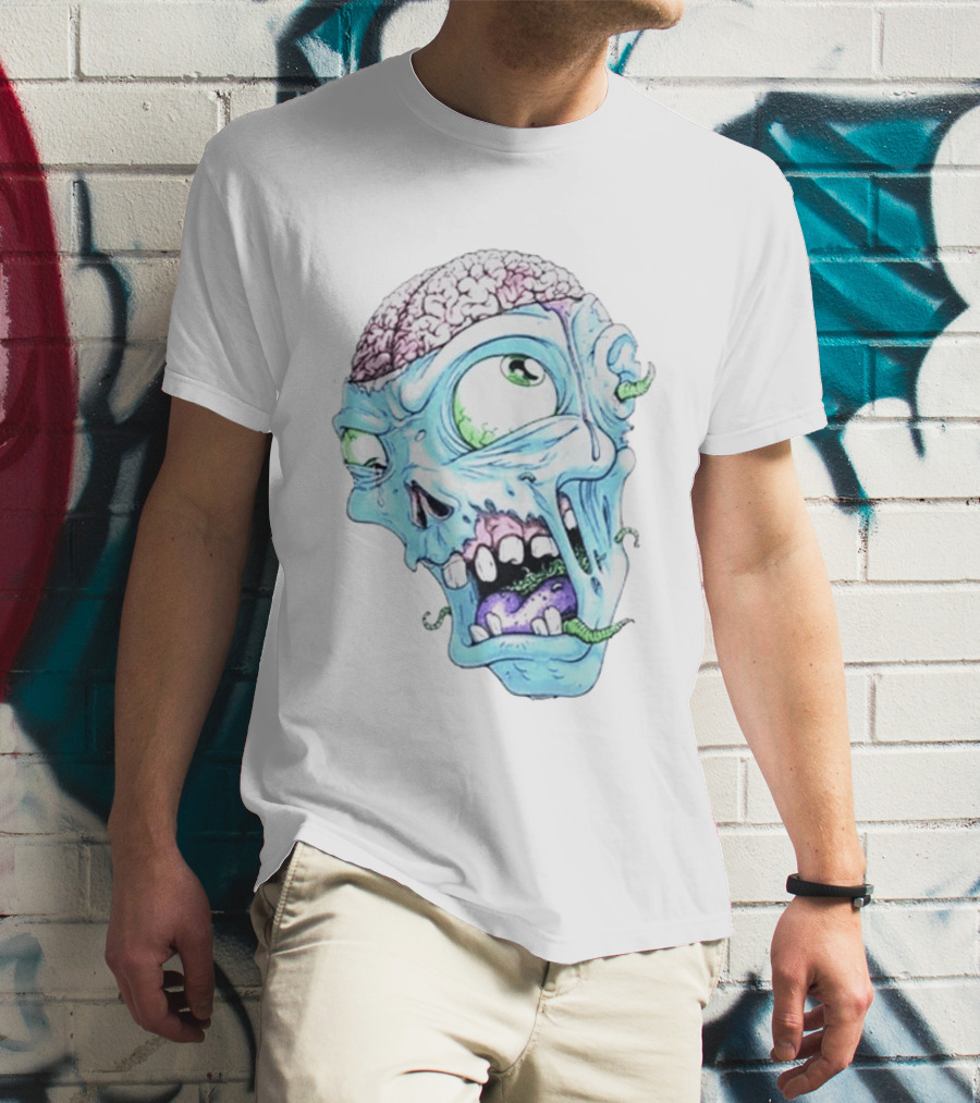 Annoyed Monster Head Zombie Skull Illustration With Exposed Brain And Worms T-Shirt