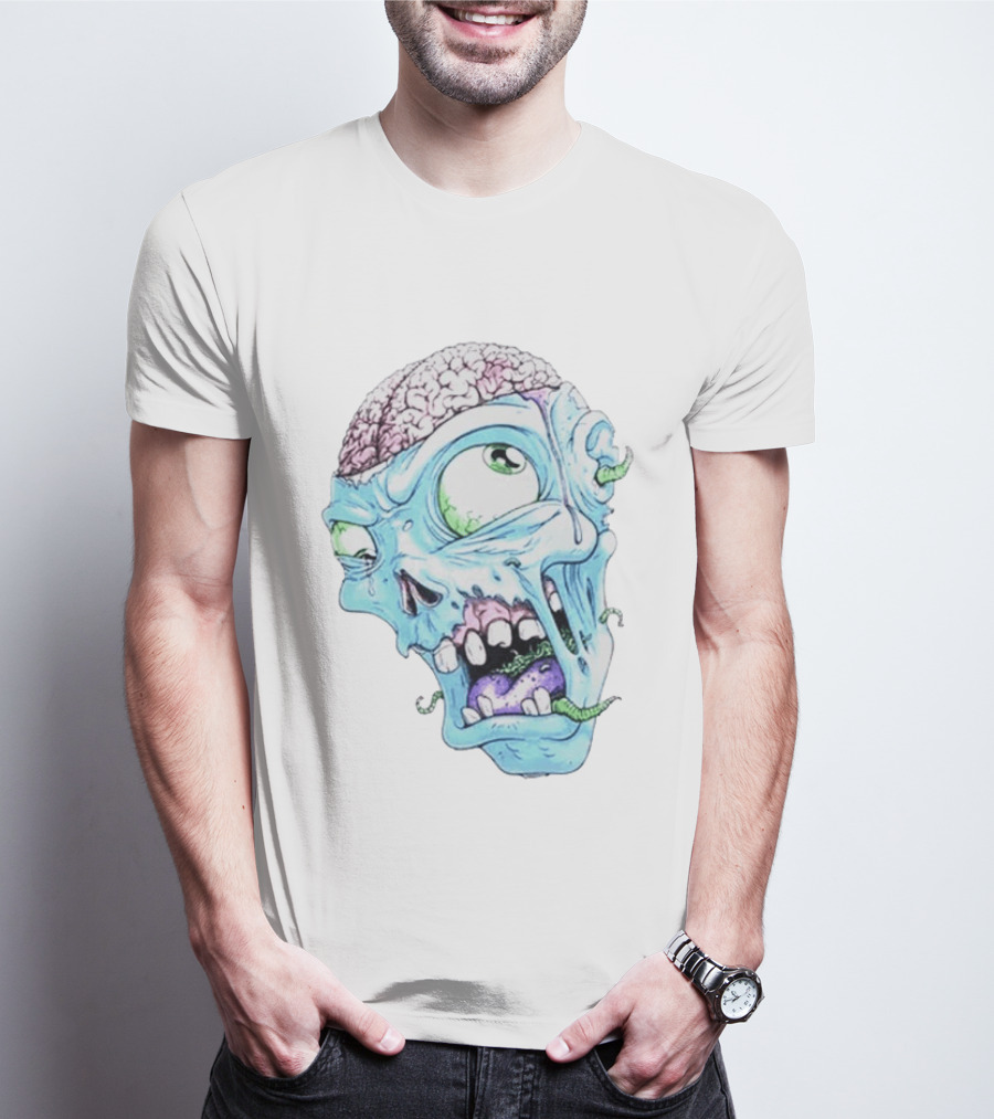 Annoyed Monster Head Zombie Skull Illustration With Exposed Brain And Worms T-Shirt