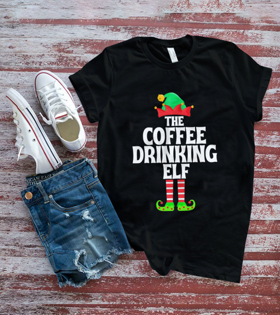 The Coffee Drinking Elf Red Green Jester Hat Striped Socks T-Shirt
