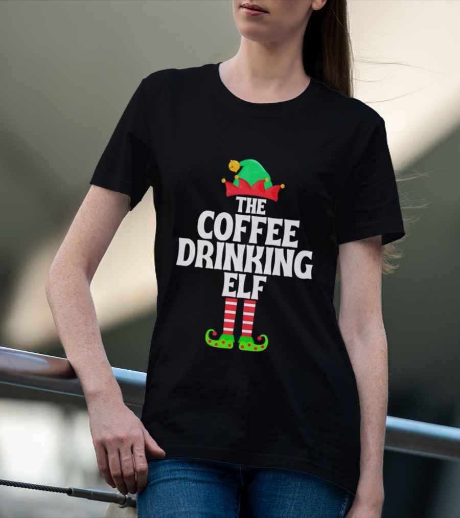 The Coffee Drinking Elf Red Green Jester Hat Striped Socks T-Shirt