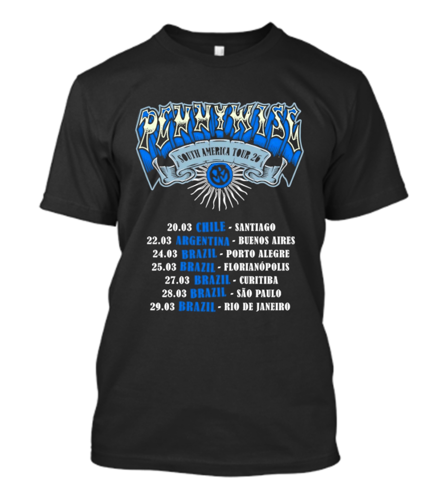 Pennywise South America Tour 2026 Chile Argentina Brazil Santiago Buenos Aires Porto Alegre Florianópolis Curitiba São Paulo Rio De Janeiro T-Shirt
