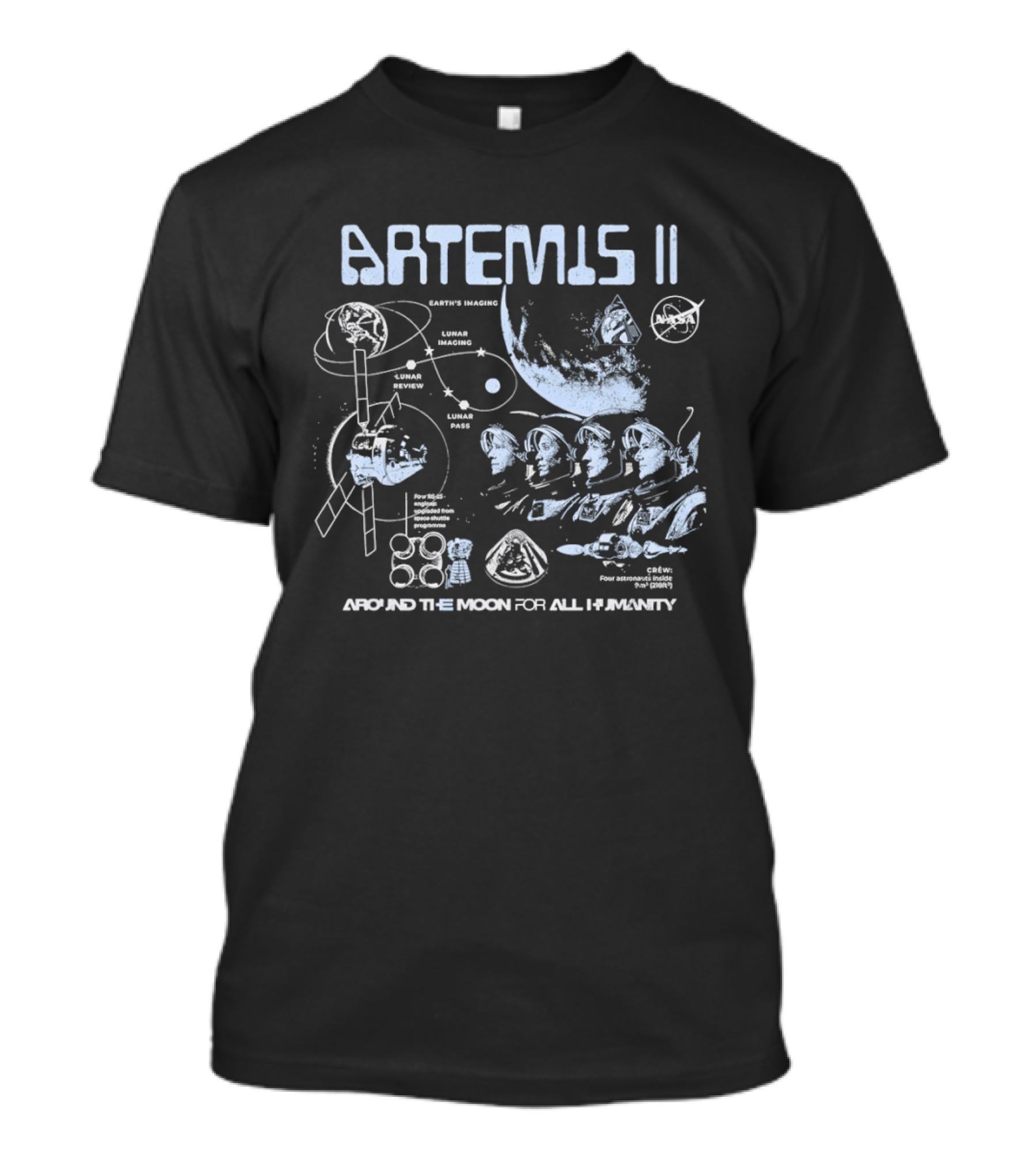 Artemis II Lunar Mission Trajectory And Astronaut Crew Exploration Around The Moon For All Humanity T-Shirt