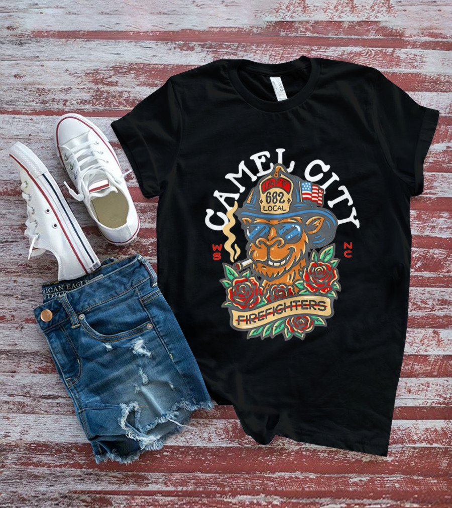 Camel City Local 682 Firefighters Smoking Camel With Roses USA Flag WS NC T-Shirt